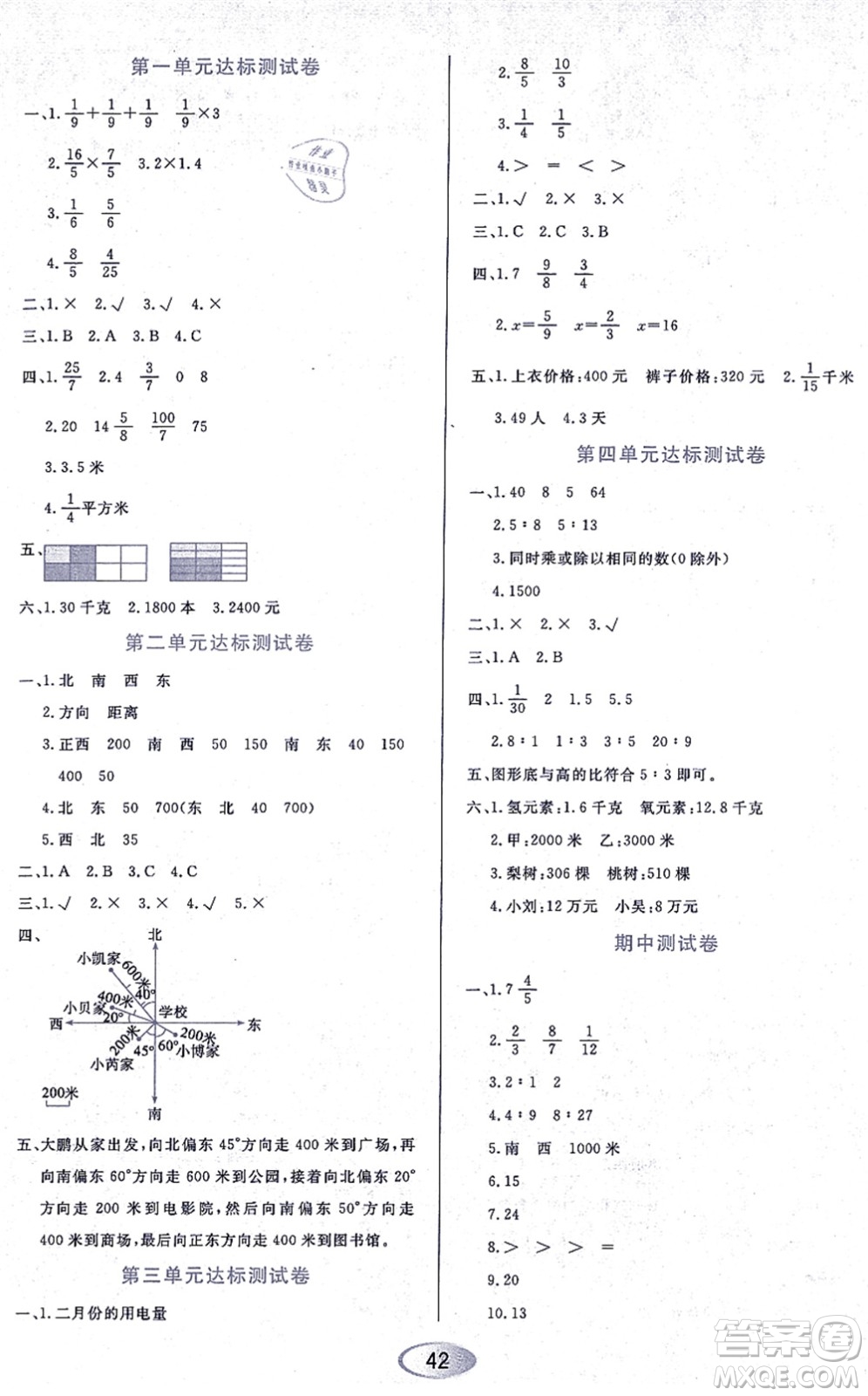 黑龍江教育出版社2021資源與評(píng)價(jià)六年級(jí)數(shù)學(xué)上冊(cè)人教版答案