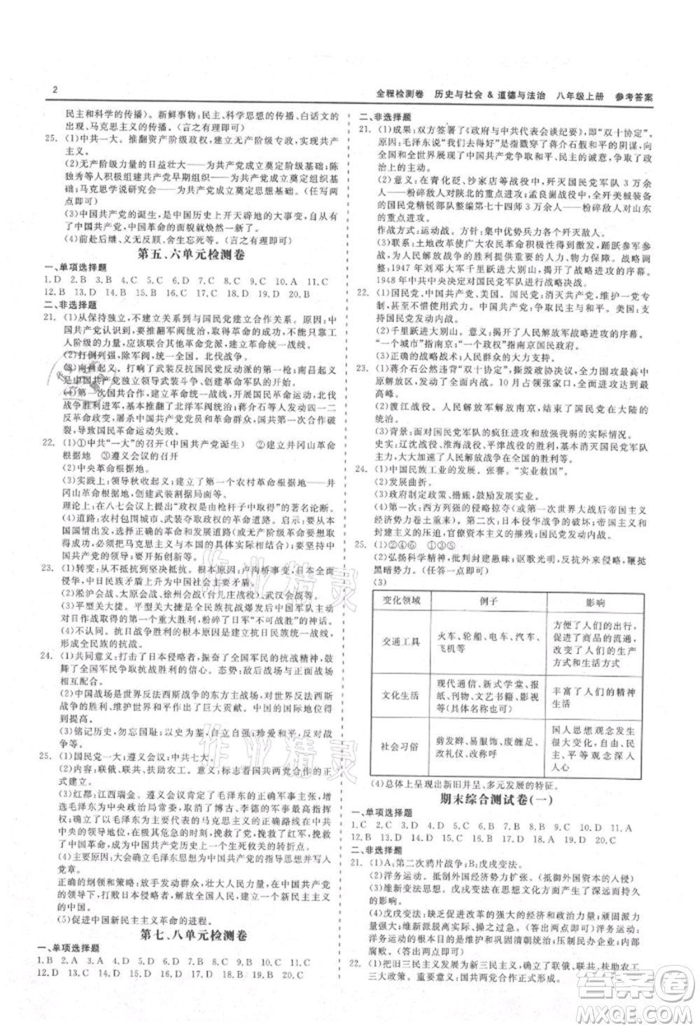 天津人民出版社2021全程檢測(cè)卷八年級(jí)上冊(cè)歷史與社會(huì)道德與法治人教版參考答案