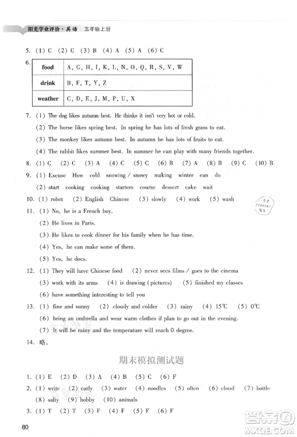 廣州出版社2021陽(yáng)光學(xué)業(yè)評(píng)價(jià)五年級(jí)上冊(cè)英語(yǔ)教科版參考答案