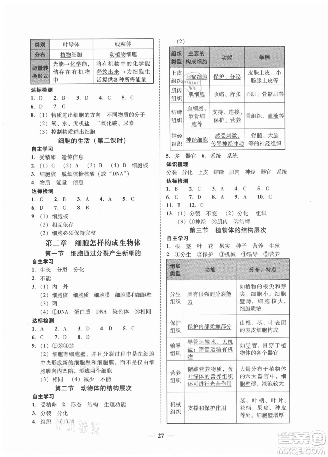 廣東教育出版社2021學考精練七年級上冊生物學人教版答案