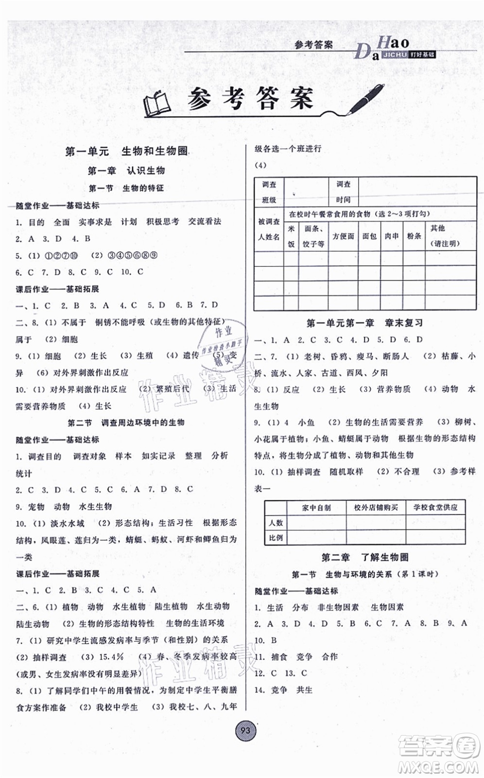 吉林教育出版社2021勝券在握打好基礎(chǔ)作業(yè)本七年級生物上冊RJ人教版答案