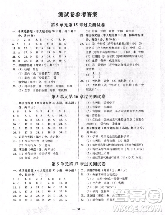 廣東經(jīng)濟出版社2021學考精練八年級上冊生物學北師大版答案