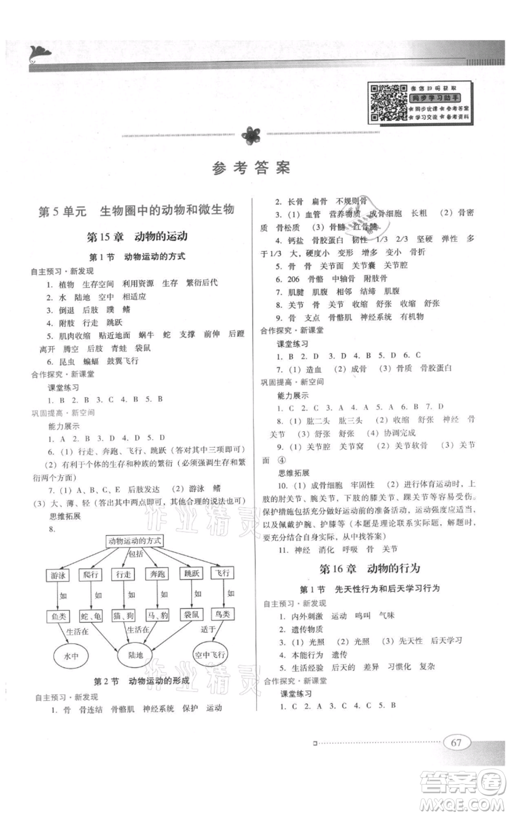 廣東教育出版社2021南方新課堂金牌學(xué)案八年級上冊生物北師大版參考答案