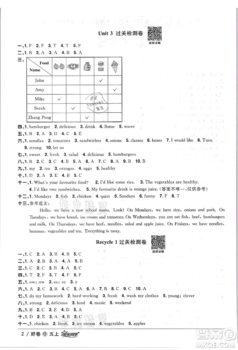 浙江教育出版社2021陽光同學全優(yōu)達標好卷五年級英語上冊REP版浙江專版答案