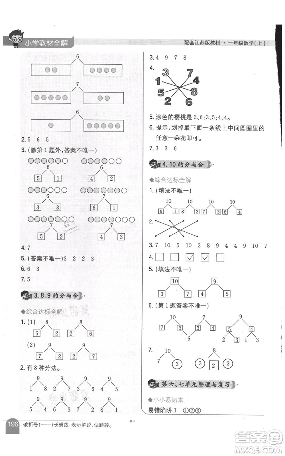 陜西人民教育出版社2021小學(xué)教材全解一年級(jí)上冊(cè)數(shù)學(xué)江蘇版參考答案