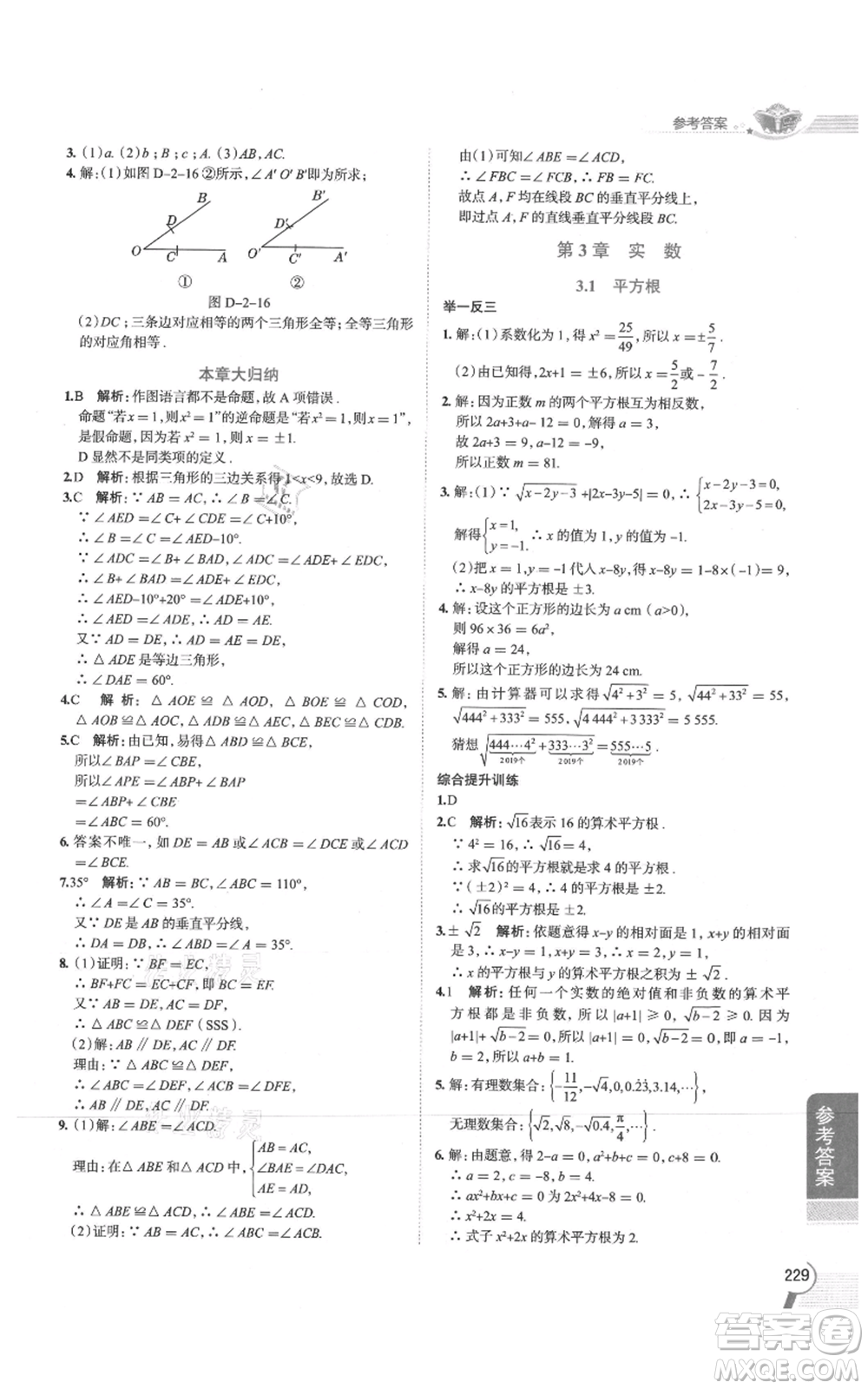 陜西人民教育出版社2021中學教材全解八年級上冊數(shù)學湖南教育版參考答案