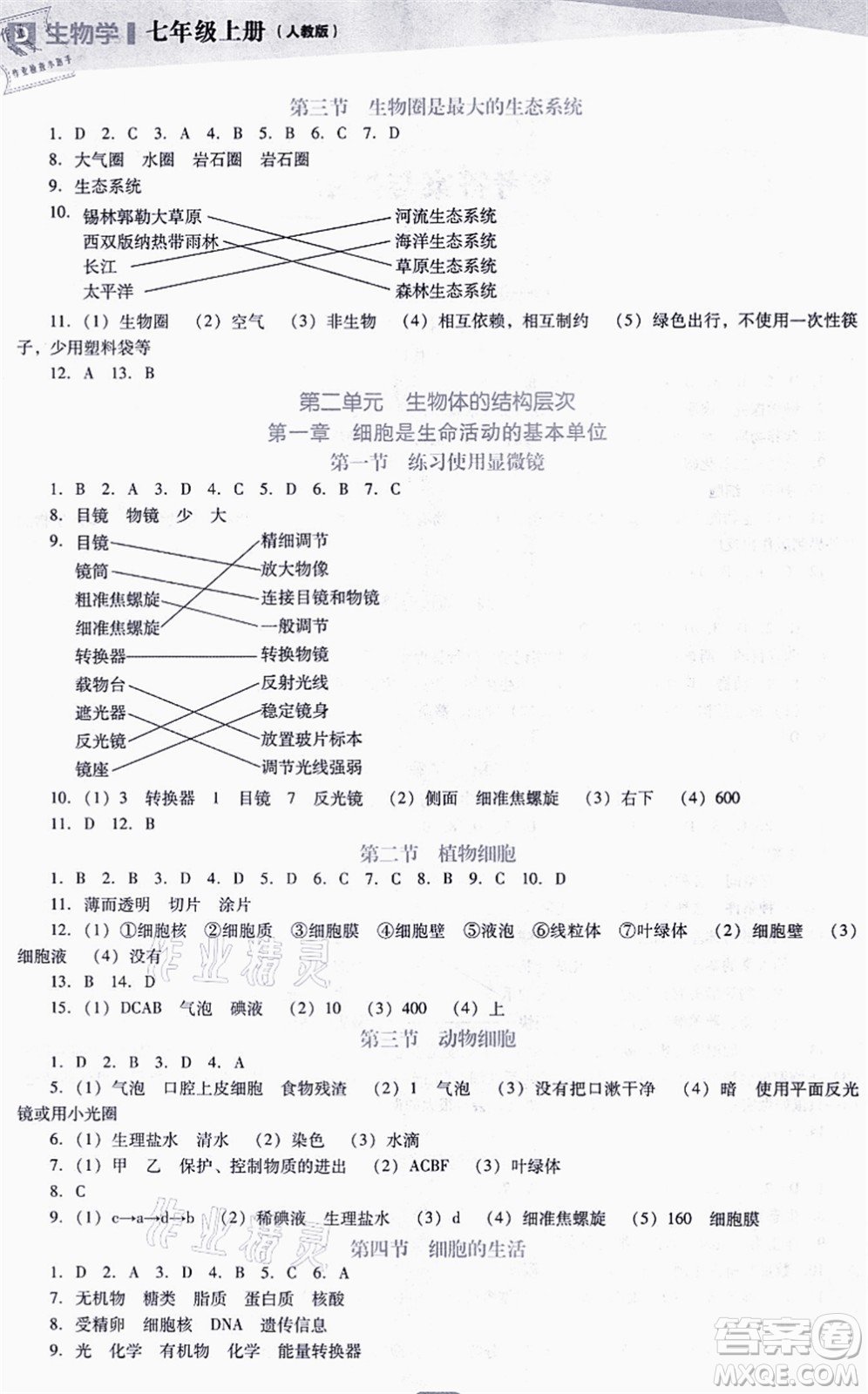 遼海出版社2021新課程生物能力培養(yǎng)七年級(jí)上冊(cè)人教版D版答案