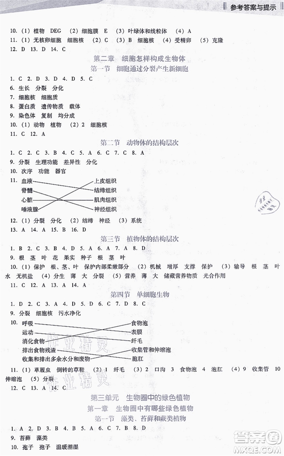 遼海出版社2021新課程生物能力培養(yǎng)七年級(jí)上冊(cè)人教版D版答案