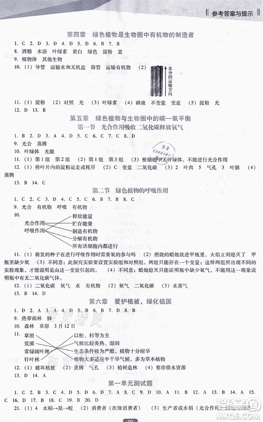 遼海出版社2021新課程生物能力培養(yǎng)七年級(jí)上冊(cè)人教版D版答案