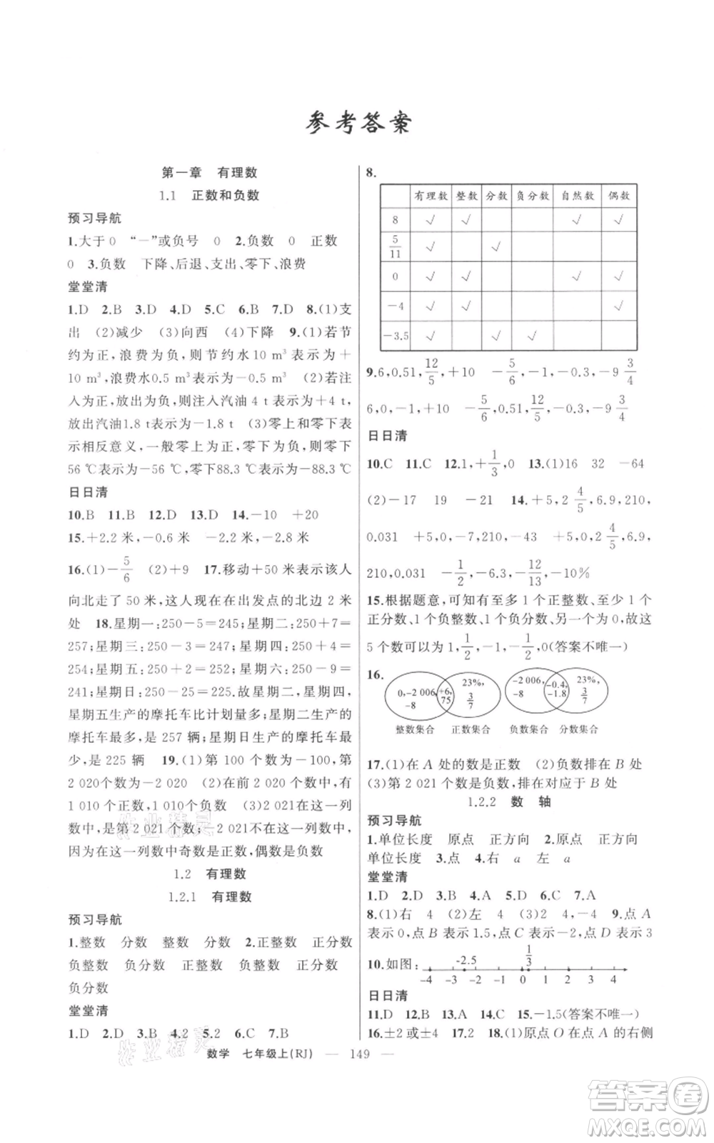 新疆青少年出版社2021四清導(dǎo)航七年級(jí)上冊(cè)數(shù)學(xué)人教版河南專版參考答案