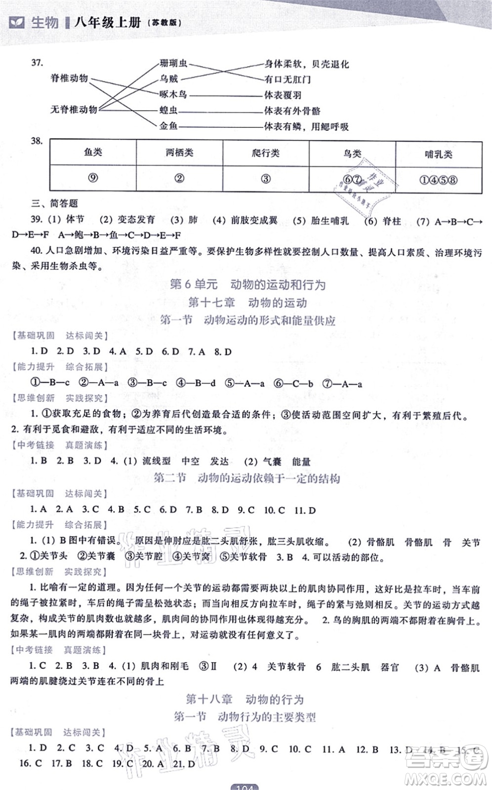 遼海出版社2021新課程生物能力培養(yǎng)八年級(jí)上冊(cè)蘇教版答案