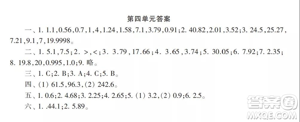 2021年小學(xué)生數(shù)學(xué)報(bào)配套試卷五年級(jí)上冊(cè)第一到四單元測(cè)試卷參考答案