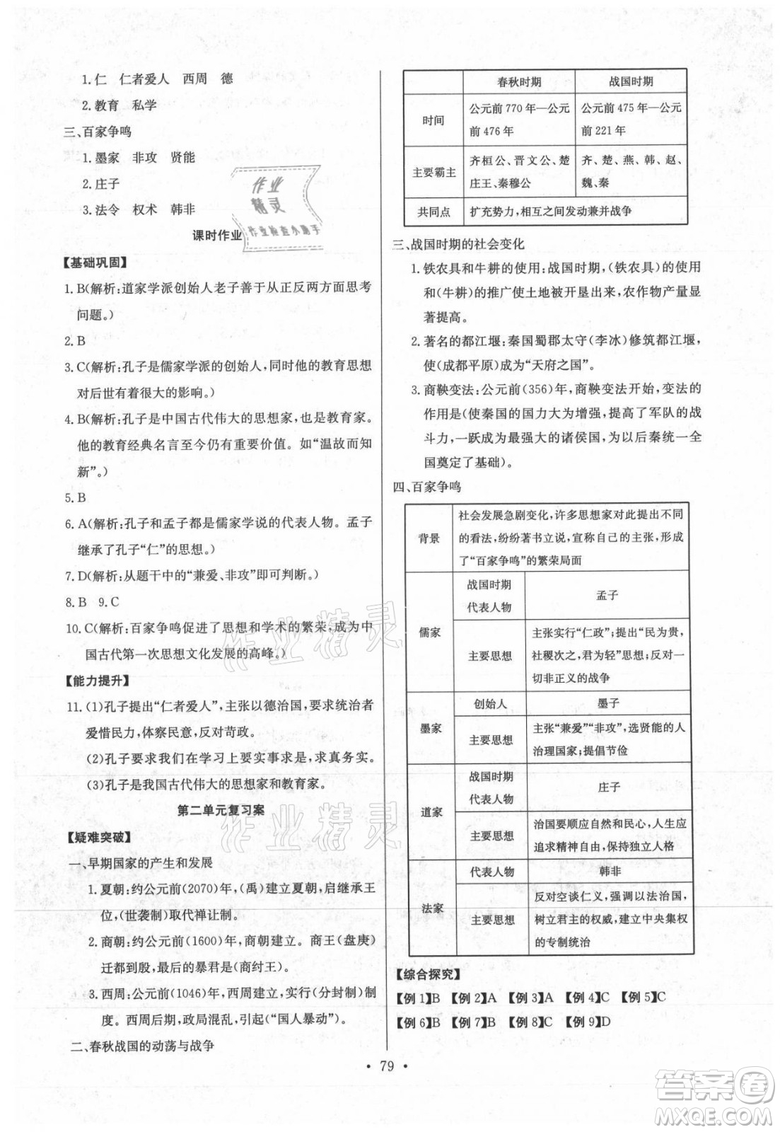 長江少年兒童出版社2021長江全能學(xué)案同步練習(xí)冊歷史七年級上冊人教版答案