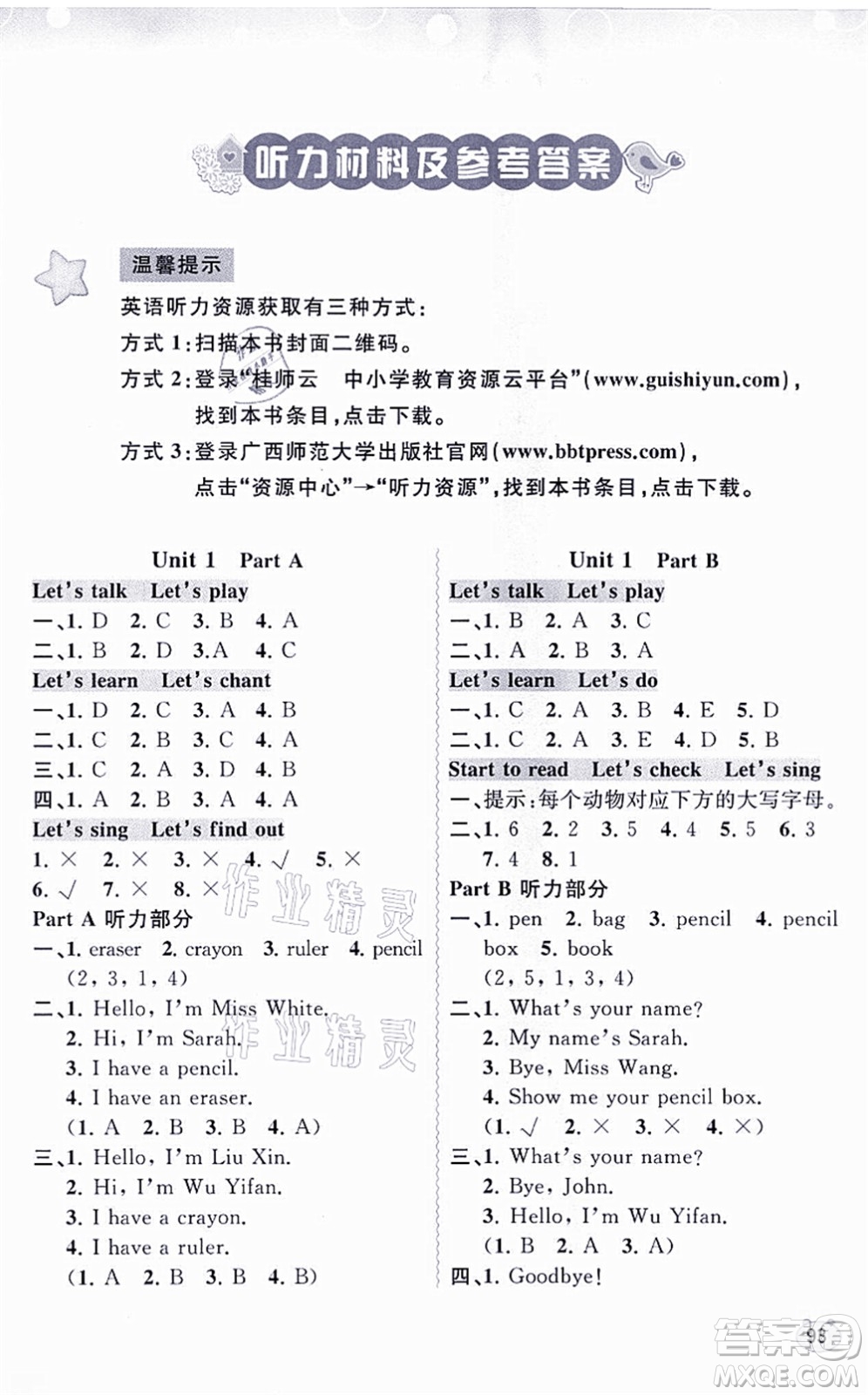 廣西教育出版社2021新課程學(xué)習(xí)與測評同步學(xué)習(xí)三年級英語上冊人教版答案