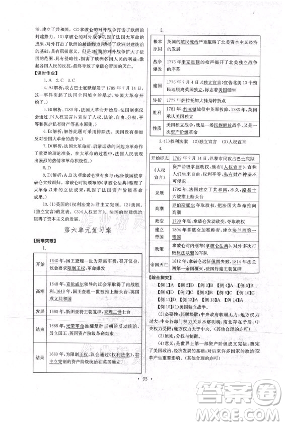 長江少年兒童出版社2021長江全能學案同步練習冊歷史九年級上冊人教版答案