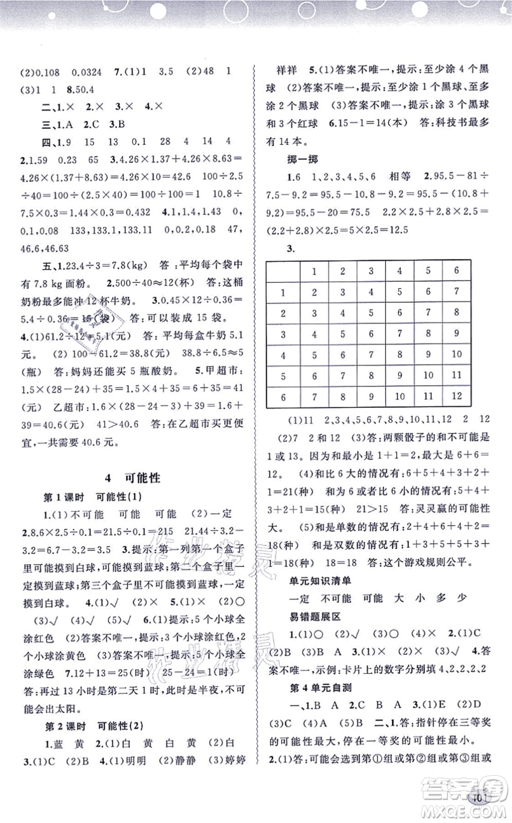 廣西教育出版社2021新課程學習與測評同步學習五年級數(shù)學上冊人教版答案