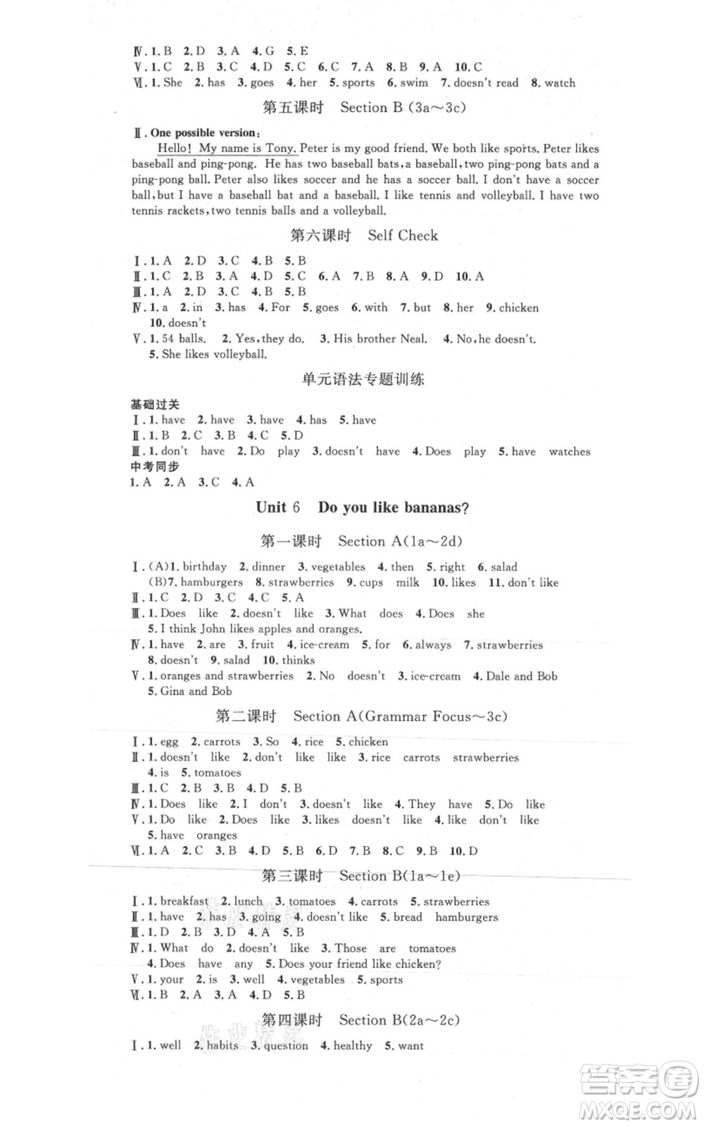 河北人民出版社2021思路教練同步課時(shí)作業(yè)七年級(jí)上冊(cè)英語人教版參考答案