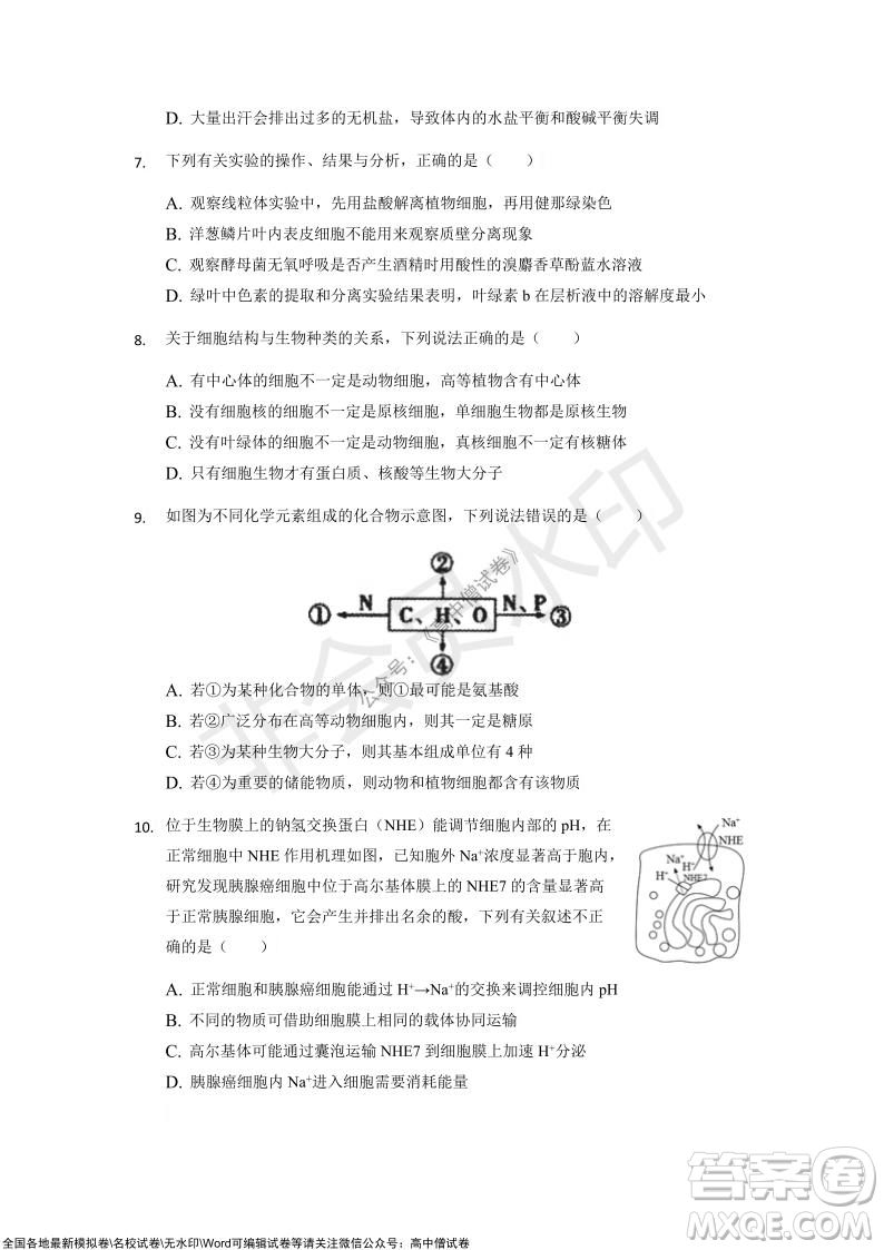 重慶市2021-2022學(xué)年10月月度質(zhì)量檢測高三生物試題及答案