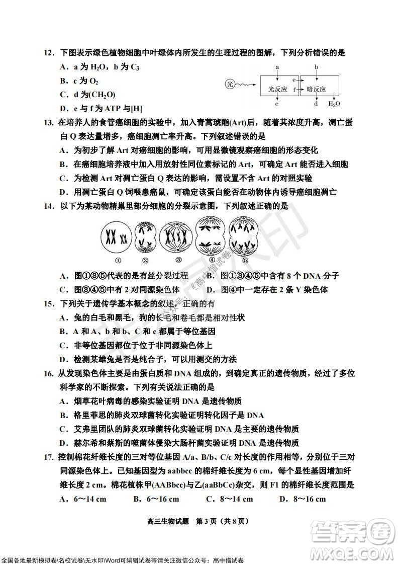 吉林市普通中學(xué)2021-2022學(xué)年度高中畢業(yè)班第一次調(diào)研測(cè)試生物試題及答案