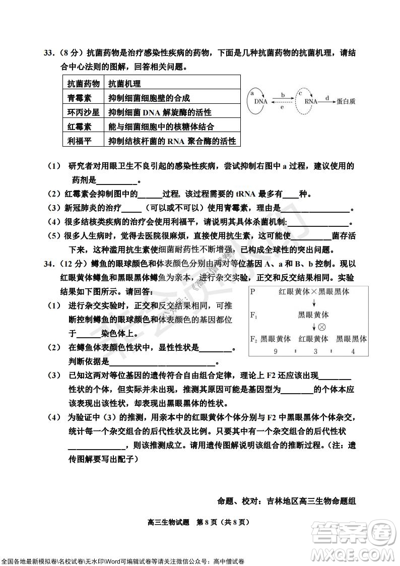 吉林市普通中學(xué)2021-2022學(xué)年度高中畢業(yè)班第一次調(diào)研測(cè)試生物試題及答案