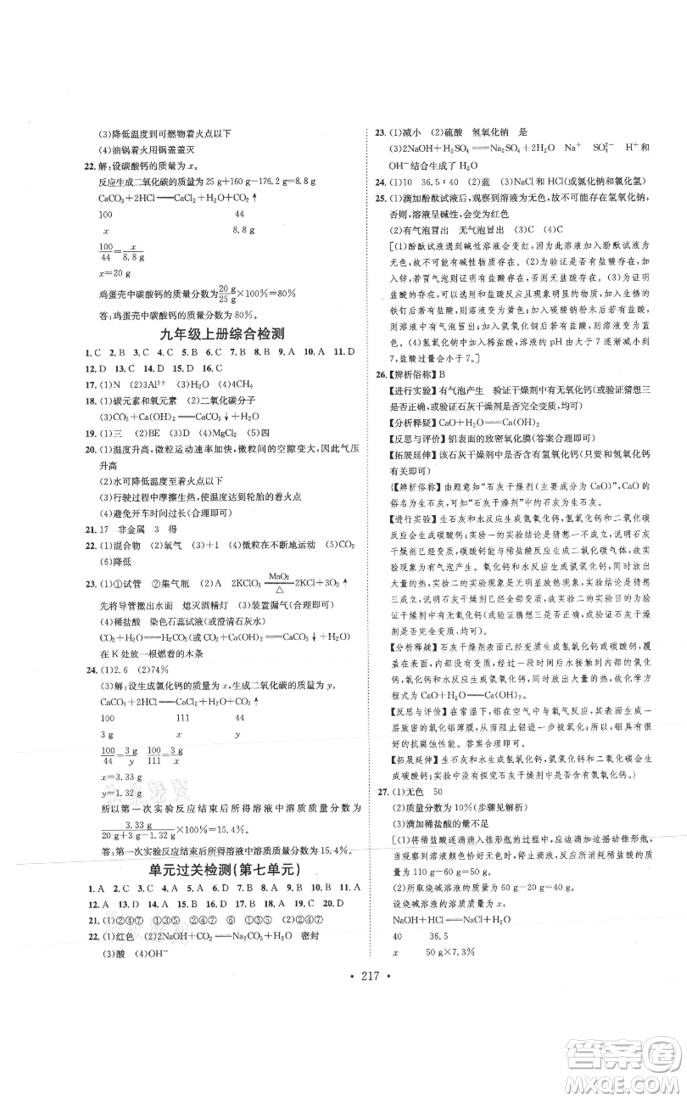 河北人民出版社2021思路教練同步課時作業(yè)九年級化學(xué)魯教版參考答案