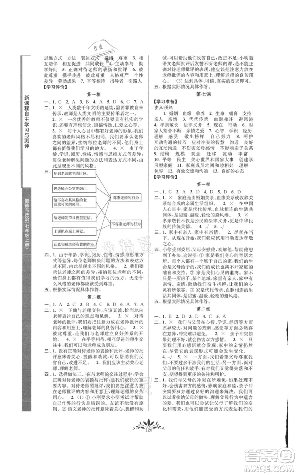 南京師范大學(xué)出版社2021新課程自主學(xué)習(xí)與測評七年級上冊道德與法治人教版參考答案