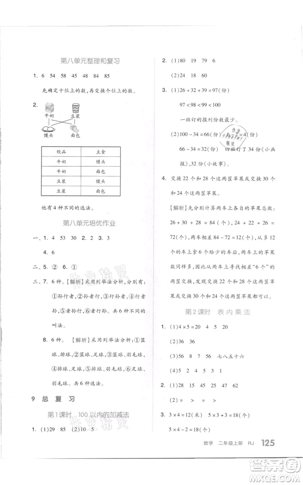 天津人民出版社2021全品作業(yè)本二年級上冊數(shù)學人教版參考答案