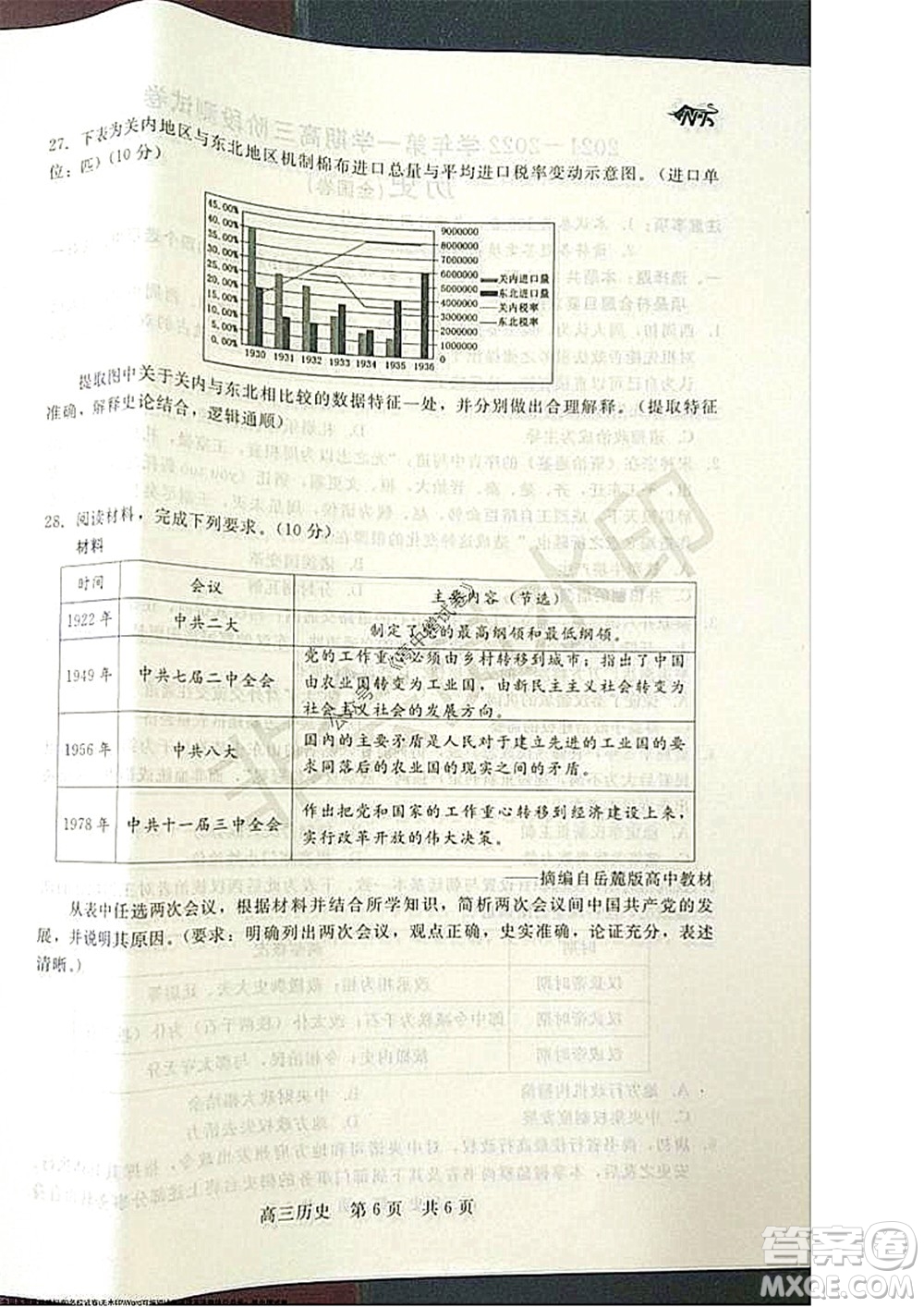 陜西十校聯(lián)考2021-2022學(xué)年第一學(xué)期高三階段測(cè)試卷歷史全國(guó)卷試題及答案