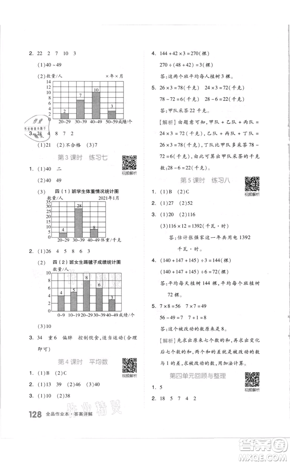 天津人民出版社2021全品作業(yè)本四年級(jí)上冊(cè)數(shù)學(xué)蘇教版參考答案