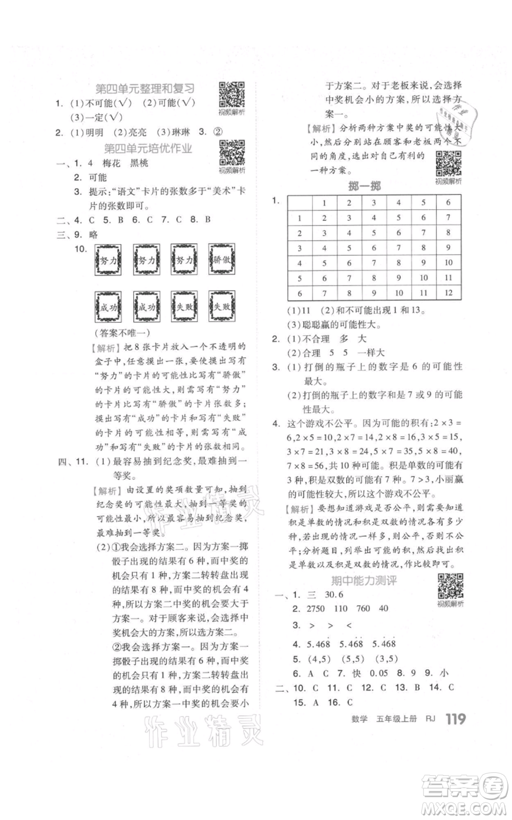 天津人民出版社2021全品作業(yè)本五年級上冊數(shù)學(xué)人教版參考答案