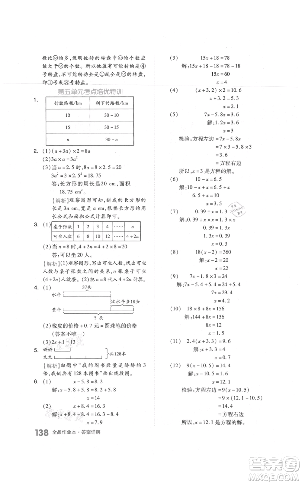 天津人民出版社2021全品作業(yè)本五年級上冊數(shù)學(xué)人教版參考答案