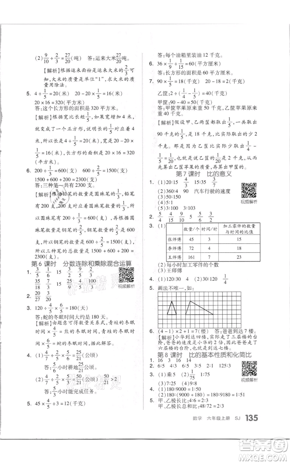 天津人民出版社2021全品作業(yè)本六年級上冊數學蘇教版參考答案