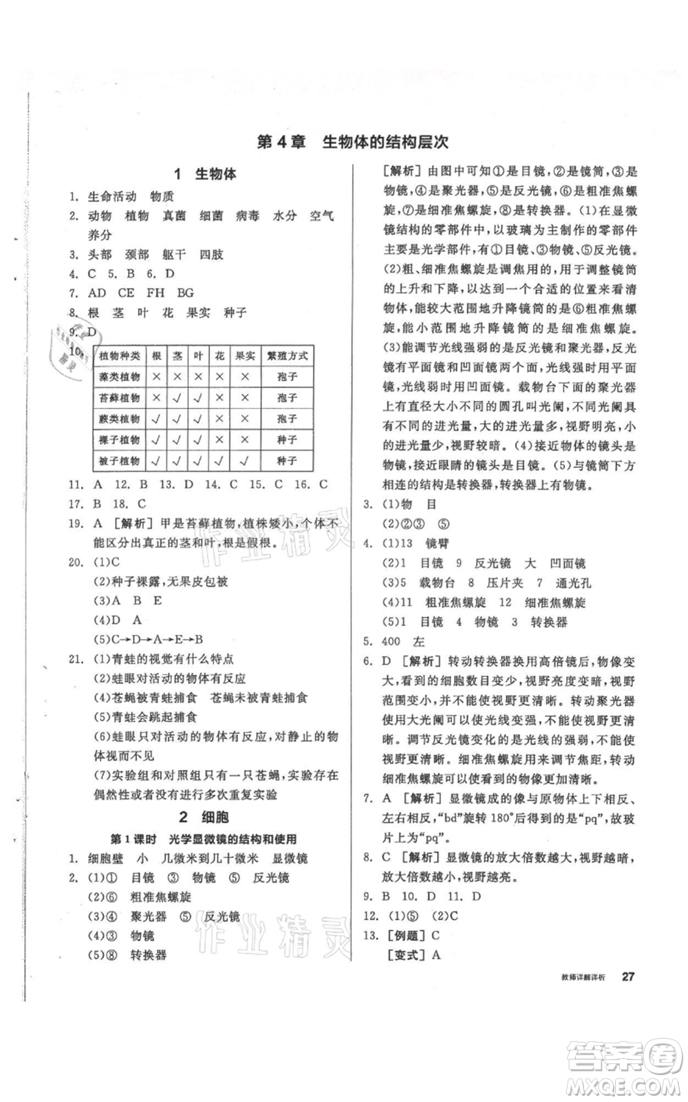 陽光出版社2021全品作業(yè)本七年級(jí)上冊(cè)科學(xué)華師大版參考答案