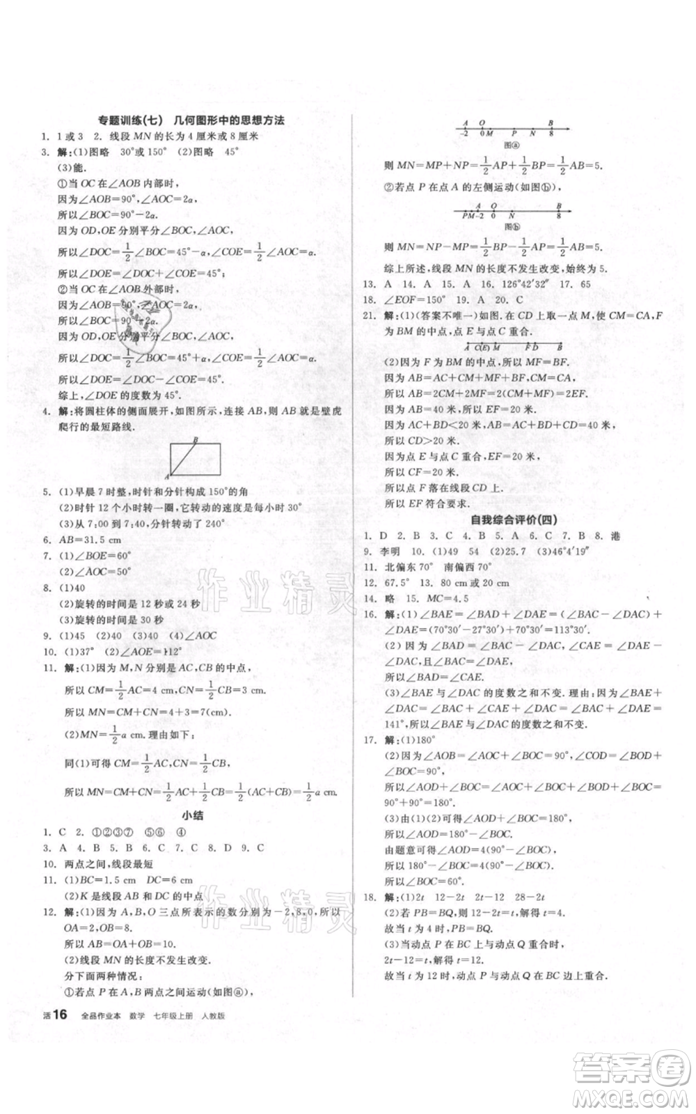 天津人民出版社2021全品作業(yè)本七年級(jí)上冊(cè)數(shù)學(xué)人教版安徽專版參考答案