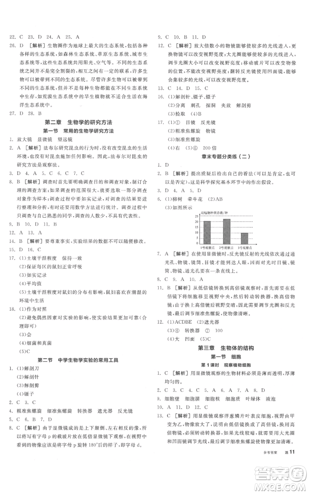 陽(yáng)光出版社2021全品作業(yè)本七年級(jí)上冊(cè)生物北京課改版參考答案