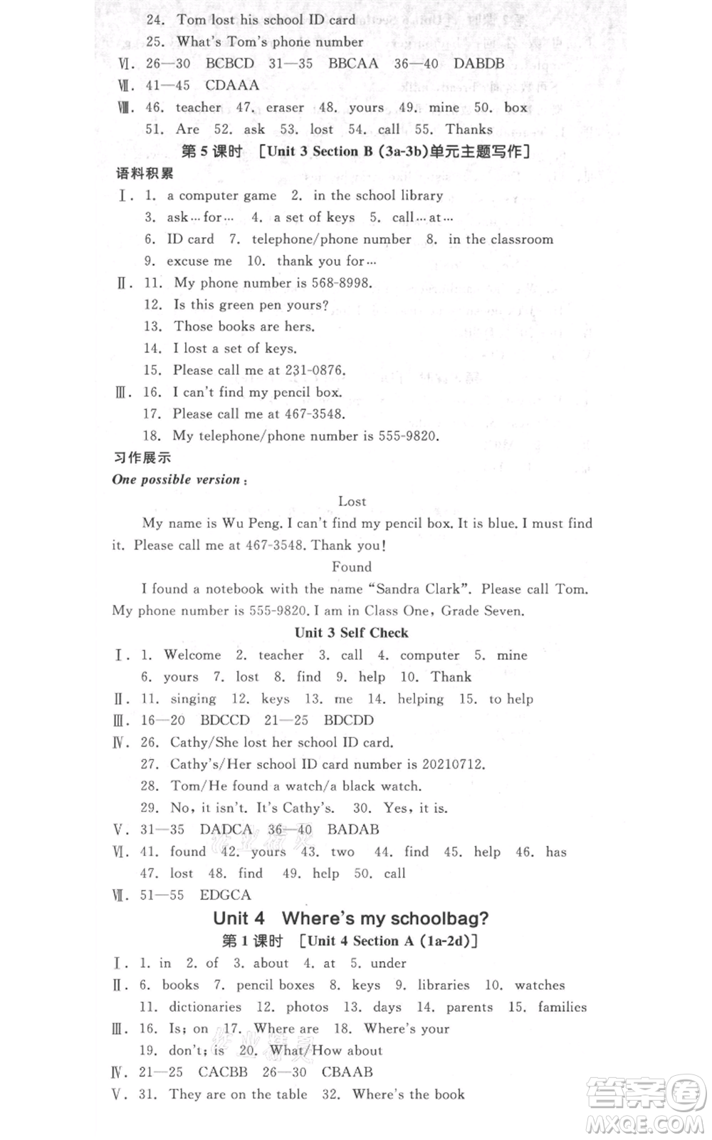 天津人民出版社2021全品作業(yè)本七年級(jí)上冊(cè)英語(yǔ)人教版濟(jì)南專版參考答案