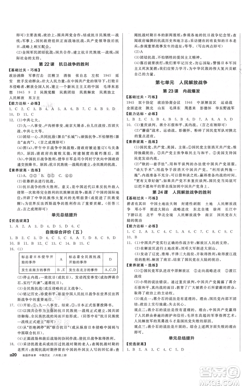 陽光出版社2021全品作業(yè)本八年級上冊歷史人教版參考答案