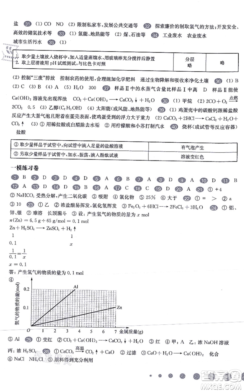 華東師范大學(xué)出版社2021一課一練九年級化學(xué)全一冊華東師大版增強版答案