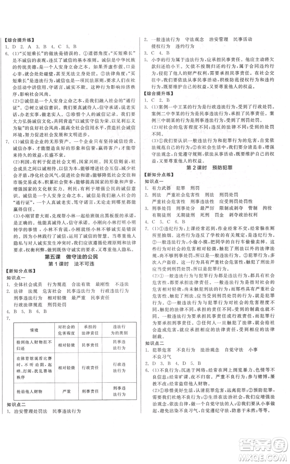 陽光出版社2021全品作業(yè)本八年級上冊道德與法治人教版參考答案