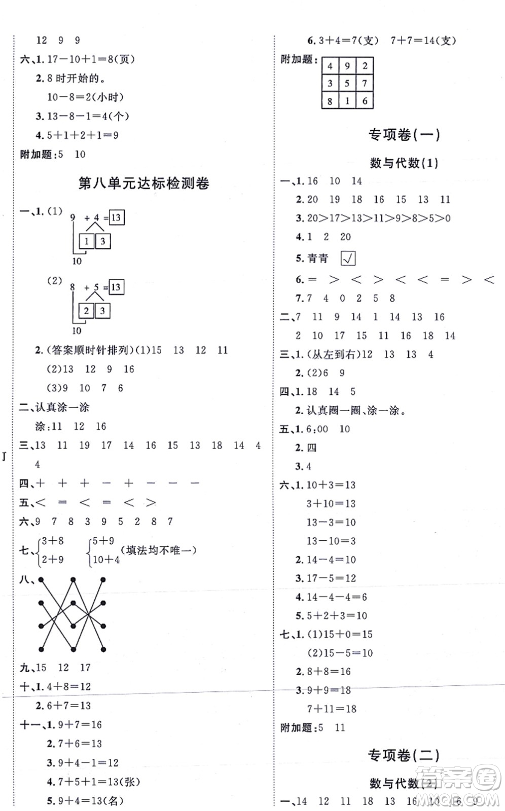 延邊教育出版社2021優(yōu)+密卷一年級數(shù)學(xué)上冊RJ人教版答案