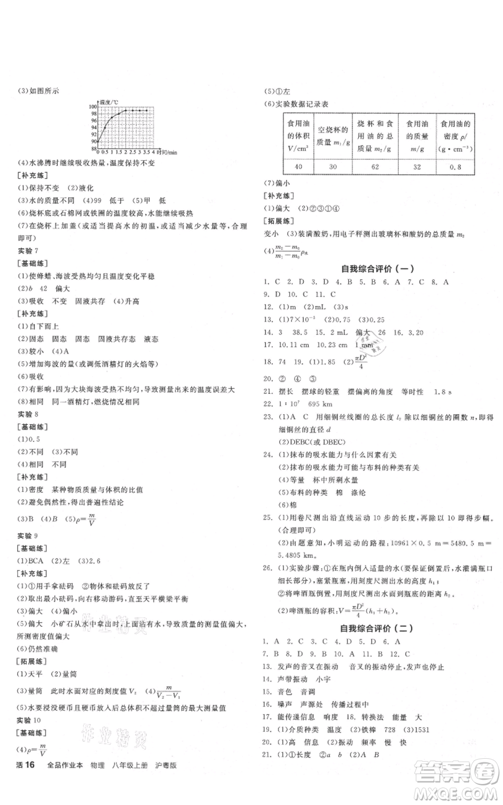 陽光出版社2021全品作業(yè)本八年級(jí)上冊物理滬粵版參考答案