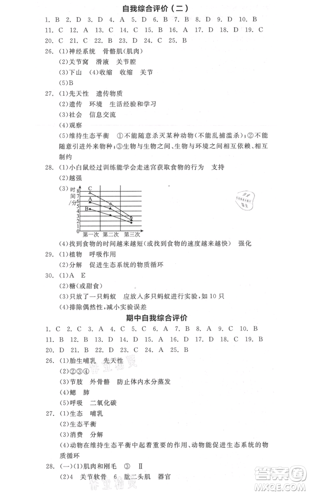 陽光出版社2021全品作業(yè)本八年級上冊生物人教版參考答案