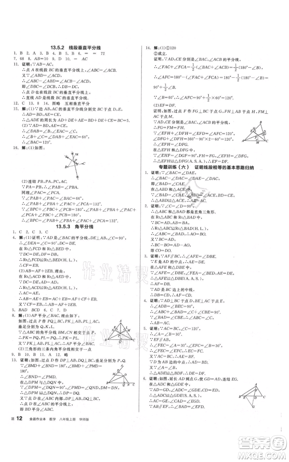 陽光出版社2021全品作業(yè)本八年級上冊數(shù)學(xué)華師大版參考答案