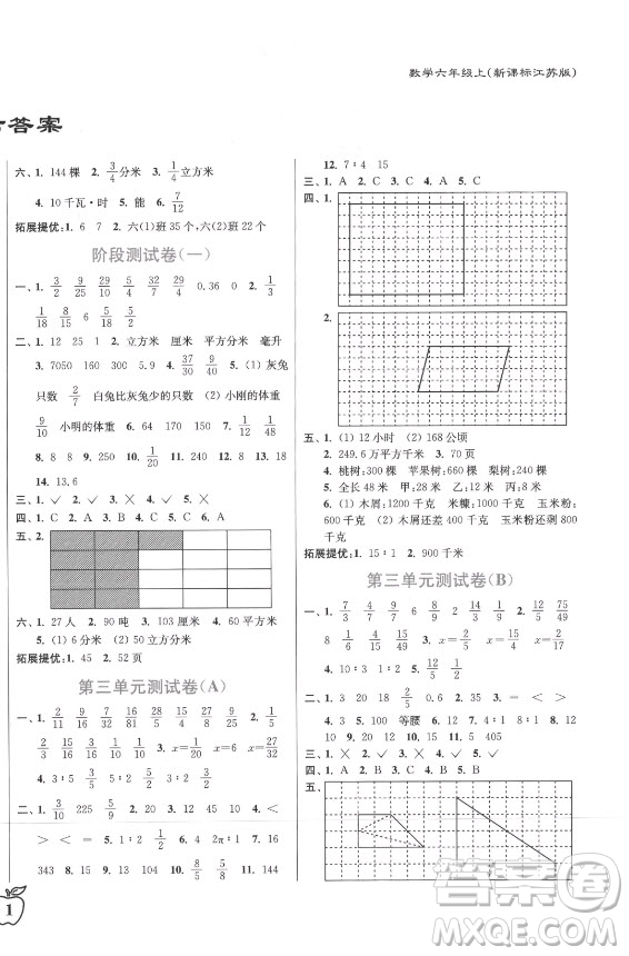 東南大學(xué)出版社2021秋江蘇密卷數(shù)學(xué)六年級(jí)上冊(cè)新課標(biāo)江蘇版答案