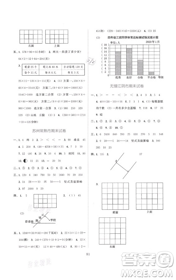 北方婦女兒童出版社2021秋江蘇金考卷數(shù)學(xué)四年級(jí)上冊(cè)江蘇版答案