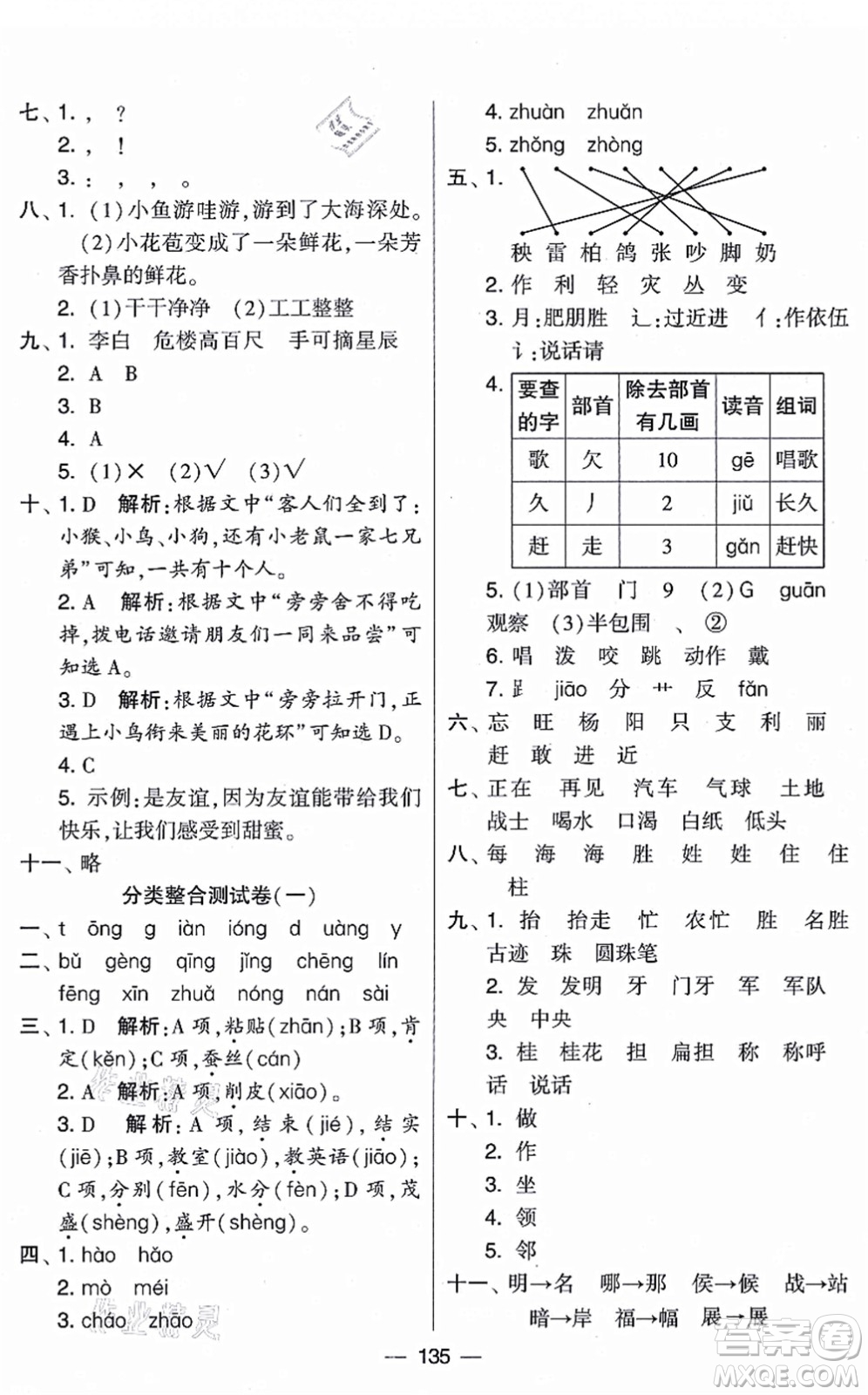 寧夏人民教育出版社2021學霸提優(yōu)大試卷二年級語文上冊RJ人教版答案