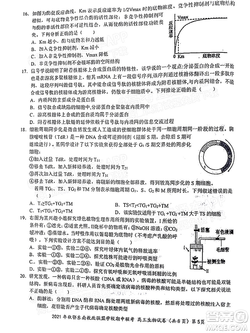 2021年秋季鄂東南省級(jí)示范高中教育教學(xué)改革聯(lián)盟學(xué)校期中聯(lián)考高三生物試題及答案