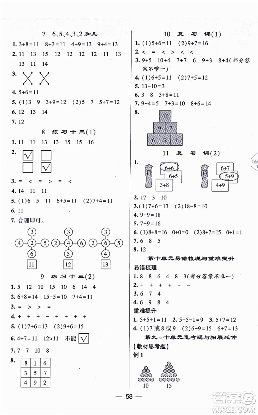 河海大學(xué)出版社2021棒棒堂學(xué)霸提優(yōu)課時作業(yè)一年級數(shù)學(xué)上冊SJ蘇教版答案