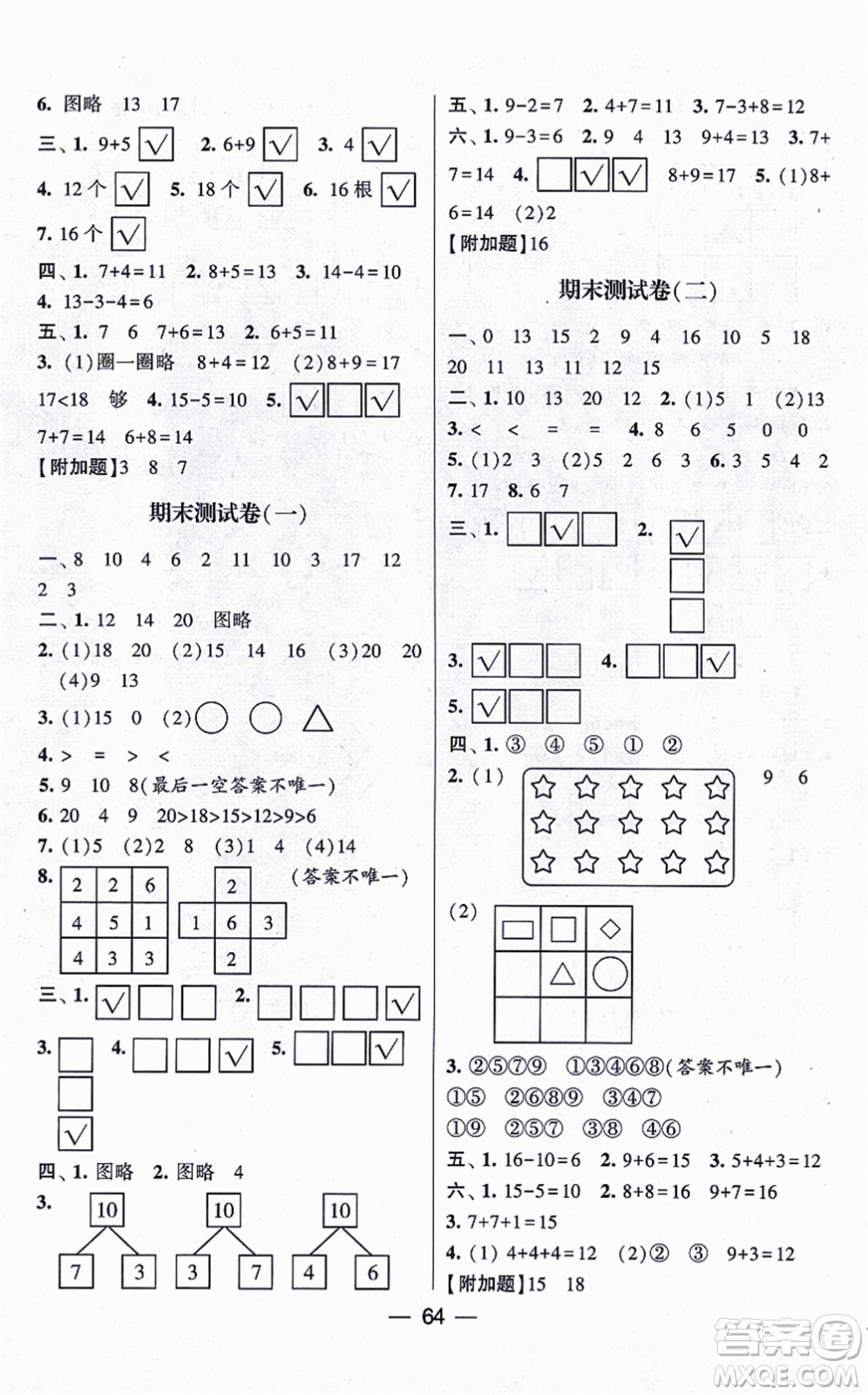 河海大學(xué)出版社2021棒棒堂學(xué)霸提優(yōu)課時作業(yè)一年級數(shù)學(xué)上冊SJ蘇教版答案