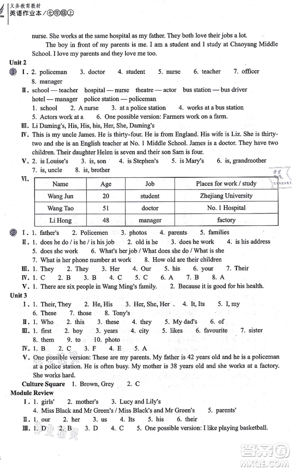 浙江教育出版社2021英語作業(yè)本七年級上冊AB本W(wǎng)外研版答案